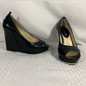 Celine Black Leather Peep Toe Wedge Heels EU 36